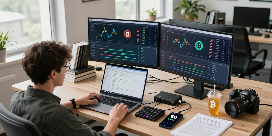 bitcoin mining investment analysis in a tech workspace with cryptocurrency charts and monitoring tools