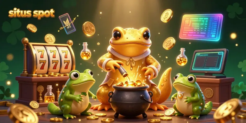 Permainan situs slot yang menarik dengan alkemis dan koin berkilau.