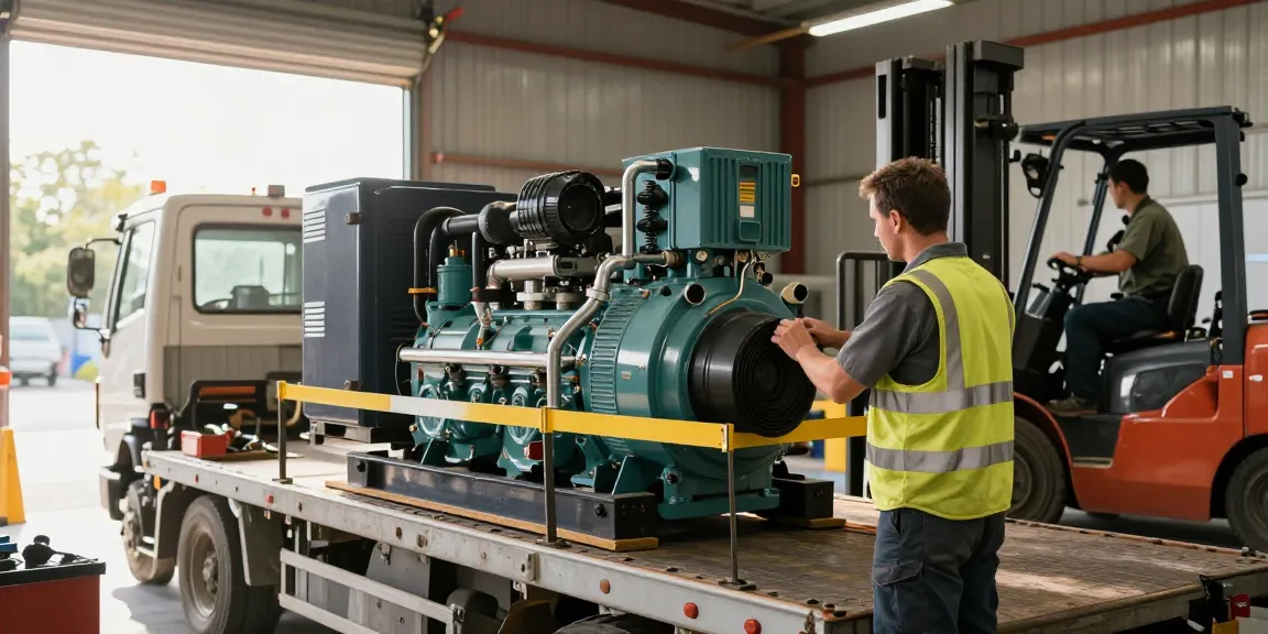Diesel genset being inspected in an industrial workshop setting, emphasizing power generation reliability.