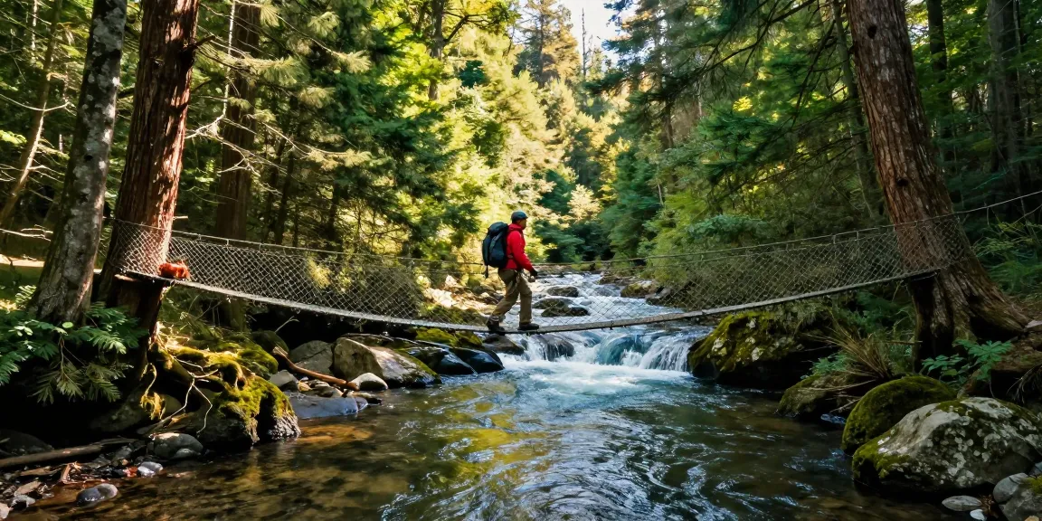 A person crossing a River Rope Bridge amidst lush greenery, capturing the thrill of outdoor adventure.