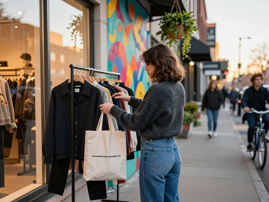 Fashionable person holding shopping bag from revelcollective.myshopify.com in trendy urban setting.