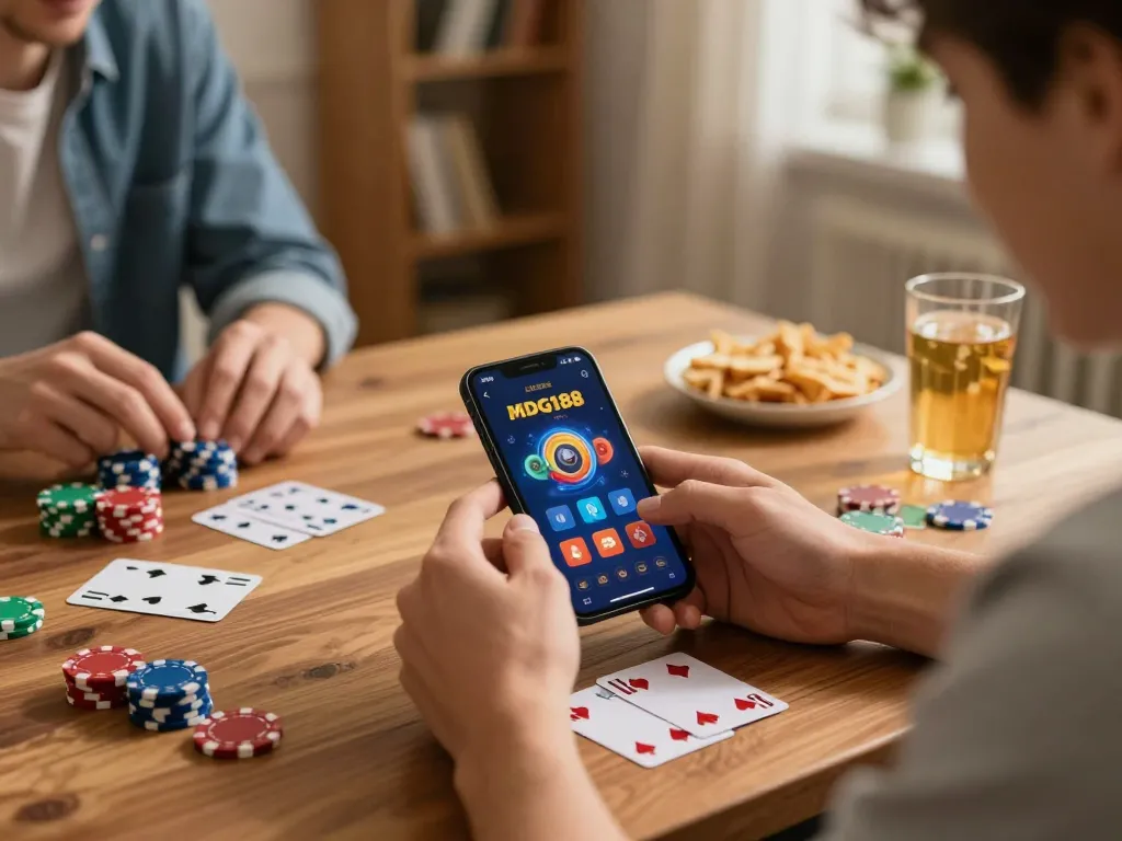 Player engaging with MDG188 gaming app on mobile device in a cozy home environment
