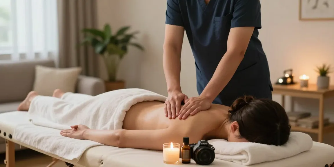 출장마사지 중인 고객과 마사지사의 평화로운 모습, 부드러운 조명과 자연 요소로 아늑한 분위기 연출