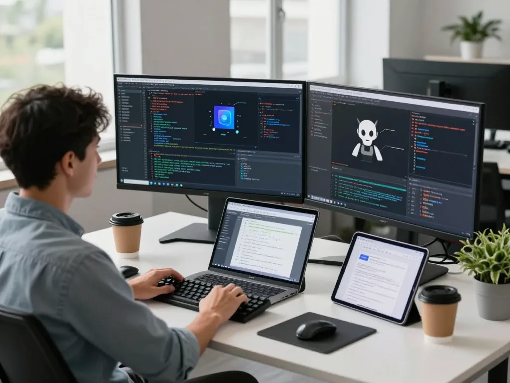 Developer utilizing a clawbot AI assistant in a vibrant office workspace with modern tech.