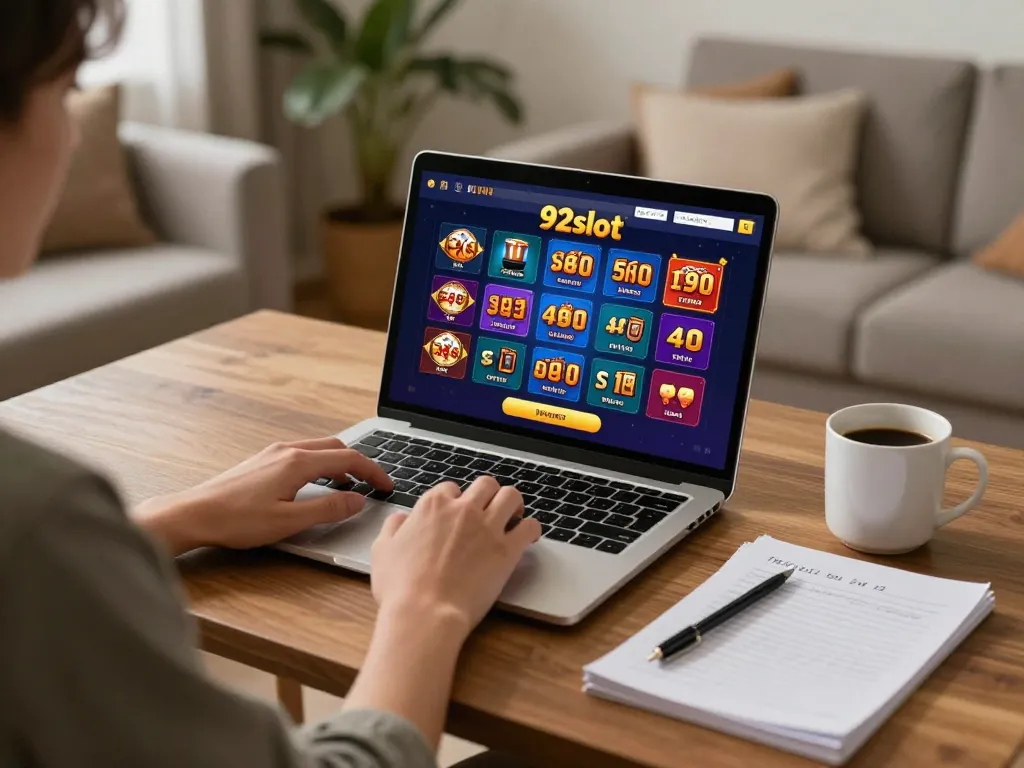Engaging in 92slot's online gaming experience on a laptop at home with vibrant graphics and strategic notes.