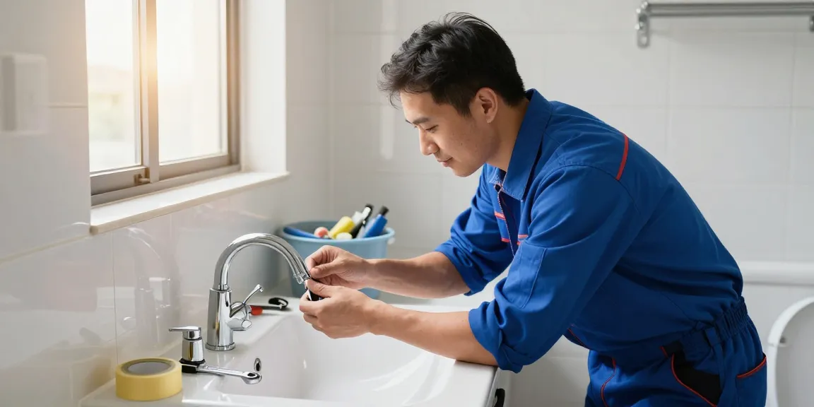 Emergency plumber Hong Kong fixing a leak under a modern sink with tools and warm lighting.