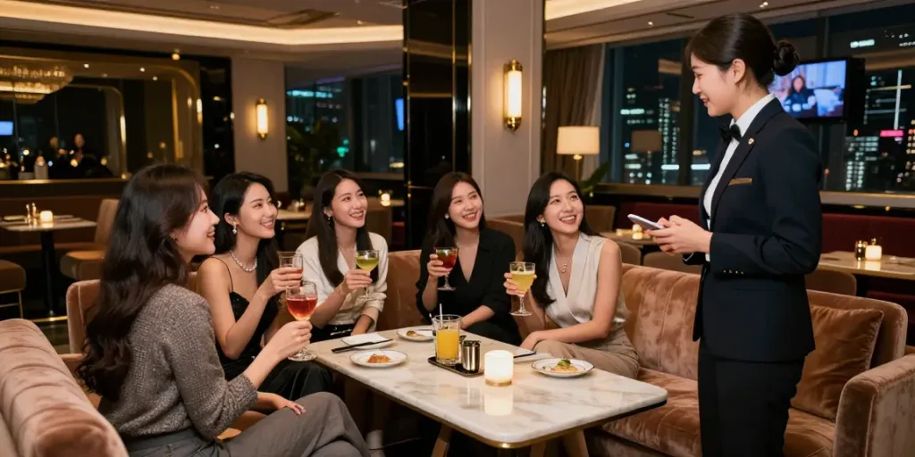 강남타이밍의 고급스러운 내부 공간에서 친구들이 함께 즐거운 시간을 보내고 있는 모습