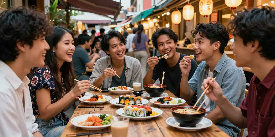Friends enjoying Asian cuisine at https://hanadultalk.com gathering with laughter in vibrant street market.