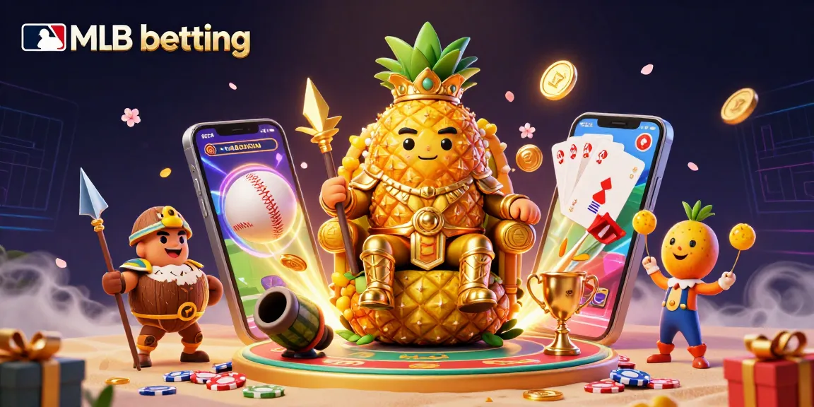 Engage in thrilling mlb betting with a vibrant illustration of a golden pineapple king and casino elements.