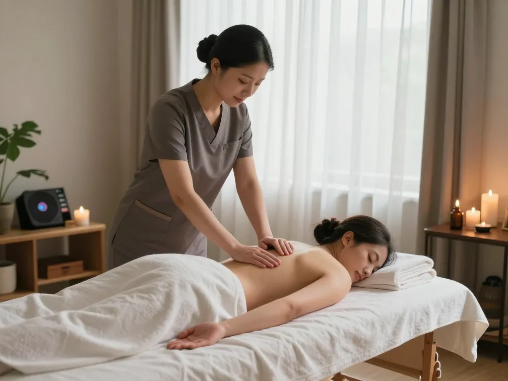 출장 massage therapy session in a serene home environment with calming elements.