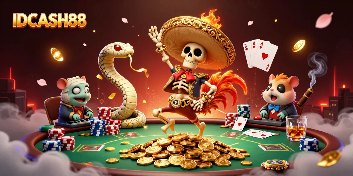 IDCASH88 offers exciting online gaming with a lively mariachi rooster celebrating amidst poker chips and cards.