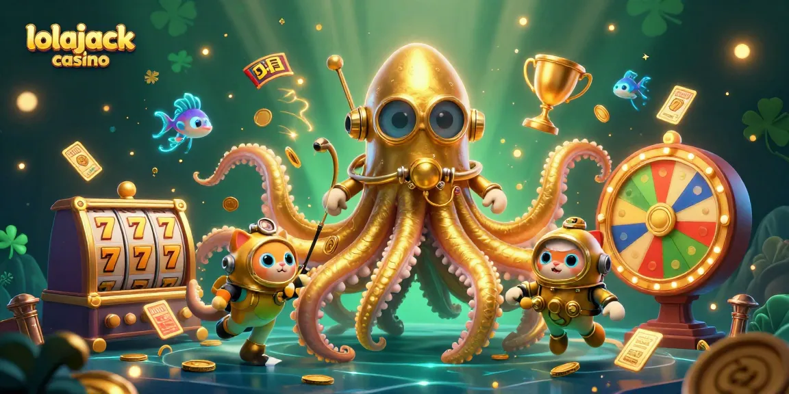 Experience thrilling gameplay at lolajack casino with a dynamic scene featuring a colossal kraken and slot reels.