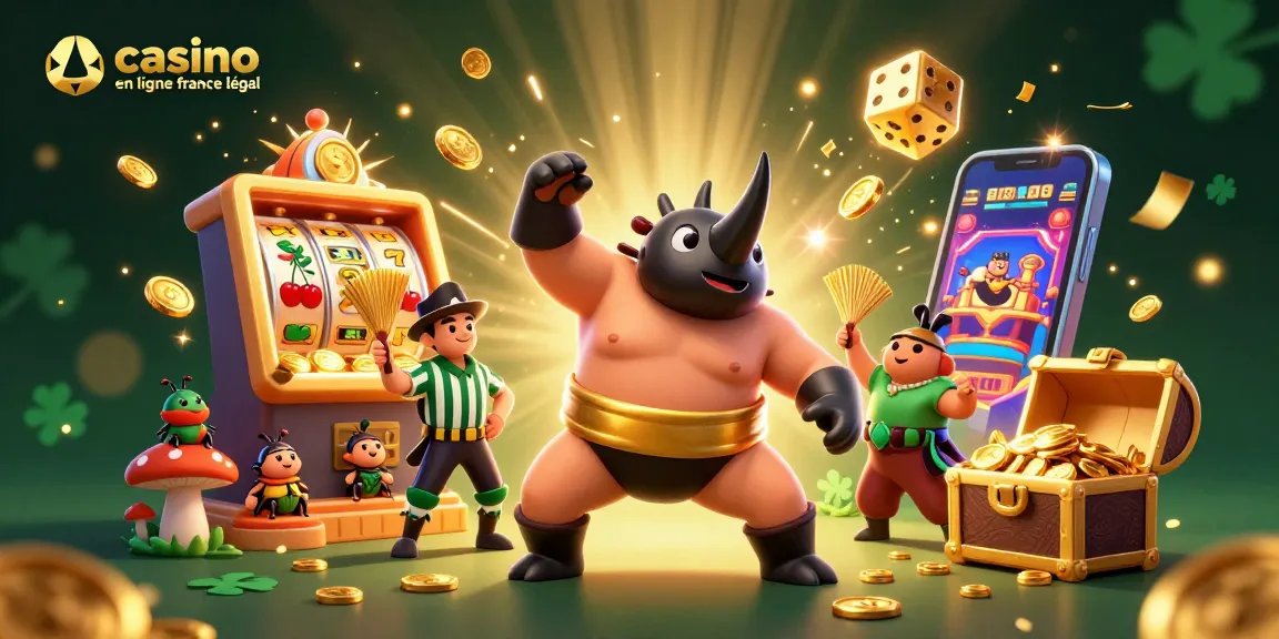 Le rhinocéros sumo champions en ligne en France légal célèbre un jackpot avec des pièces dorées volant autour.