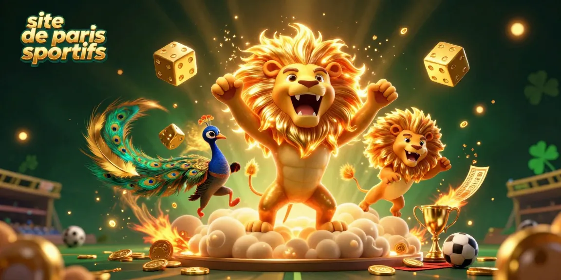 Venez parier sur le site de paris sportifs avec un lion majestueux et des dés dorés, ambiance dynamique de jeu.