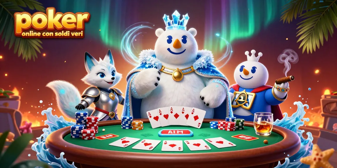 Gioca a poker online con soldi veri con un re di ghiaccio e la sua volpe in un ambiente vivace.