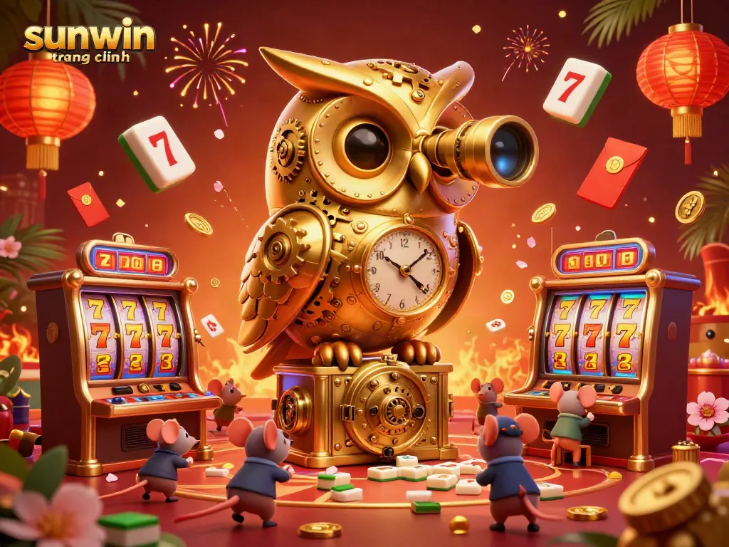 Engage with the exciting sunwin trang chính illustrated scene showcasing a golden owl overseeing a vibrant casino.