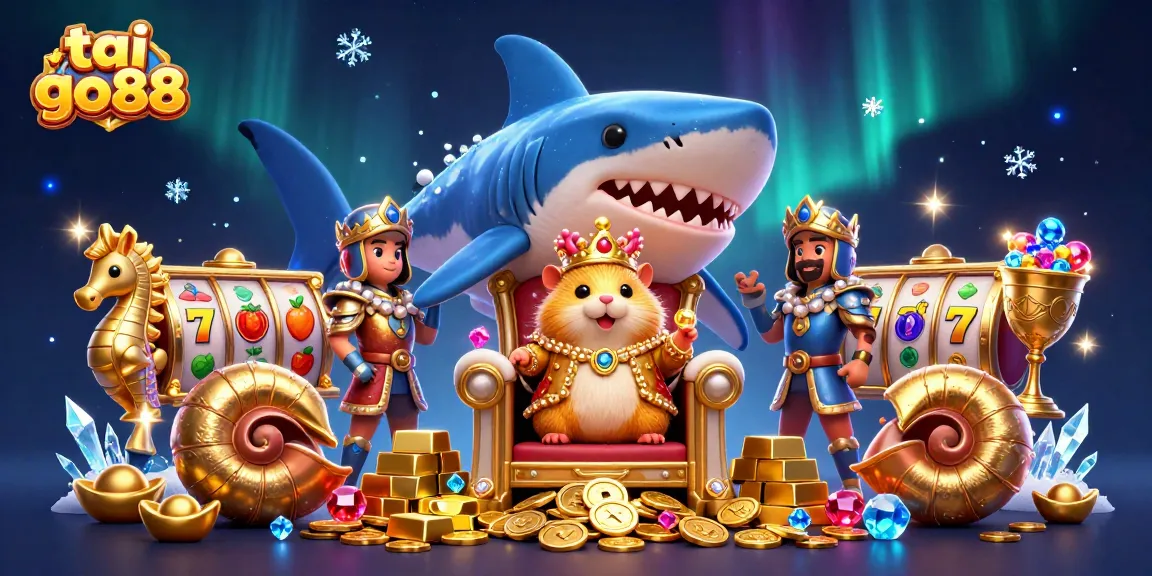 Engage with tai go88 as a golden hamster king reigns over treasure-filled slots in an enchanting casino.
