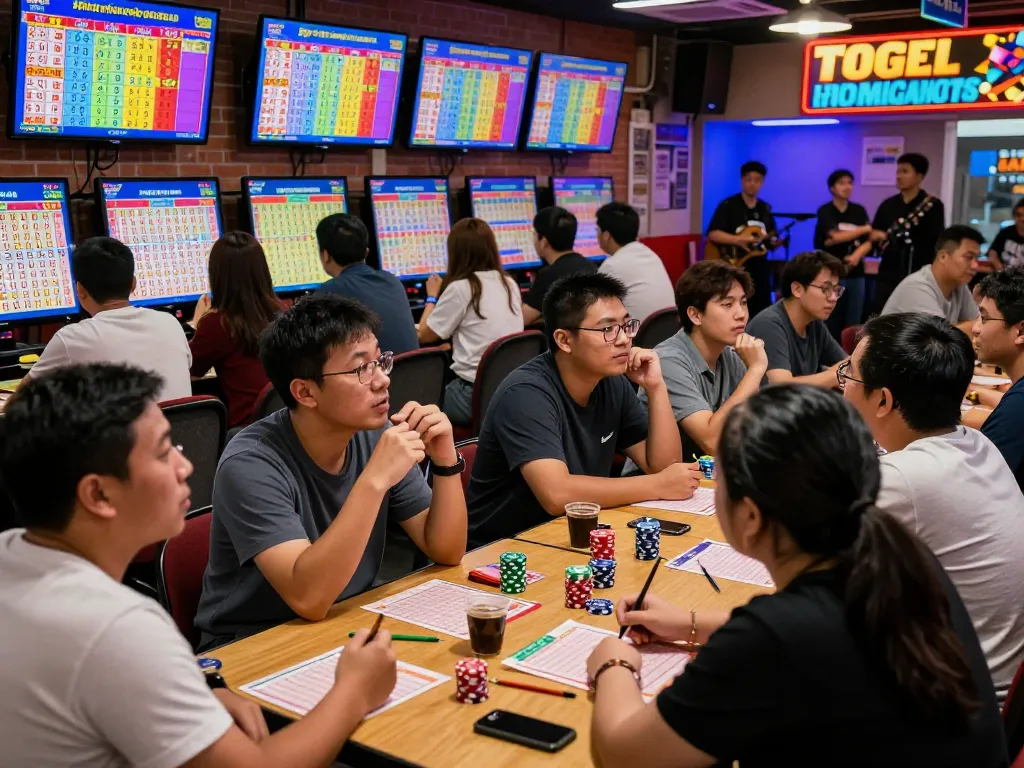 Togel Hongkong players excitedly watching live results and filling tickets in a vibrant gaming parlor.