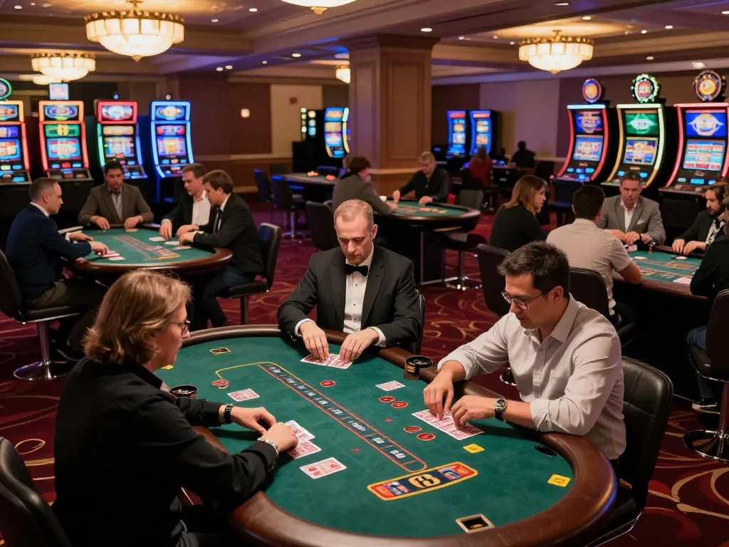 Players strategizing at blackjack tables in fabet casino, showcasing intense gameplay and luxury atmosphere