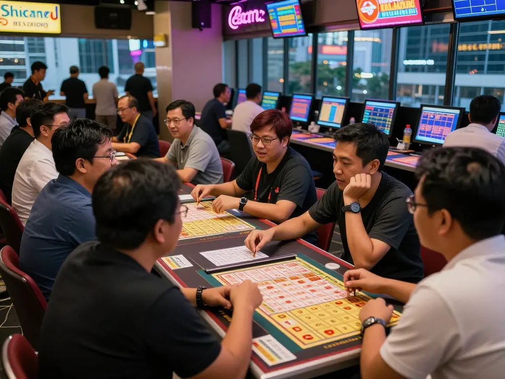 Togel Hongkong betting scene showcasing live draw excitement and engaged gamblers.
