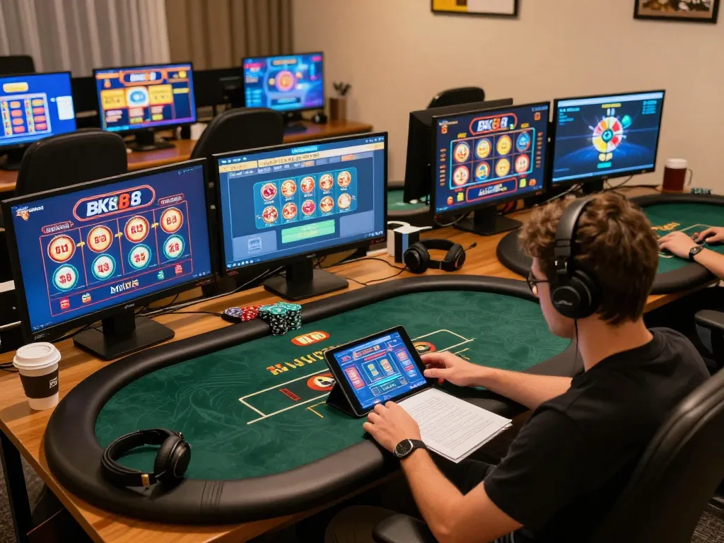 Engaged player strategizing gameplay on BK88 online casino setup with multiple screens and organized workspace.