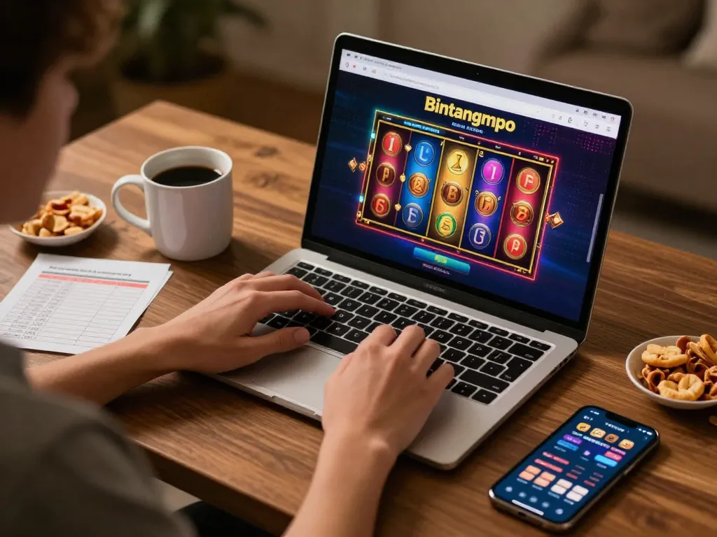 Pengguna Bintangmpo terlibat dalam permainan slot online di rumah, menekankan kesenangan strategis.