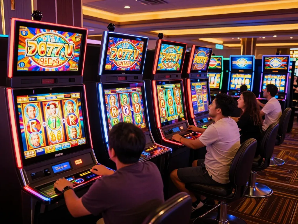 Players enjoy exciting slot777 gameplay at colorful machines in a vibrant casino.