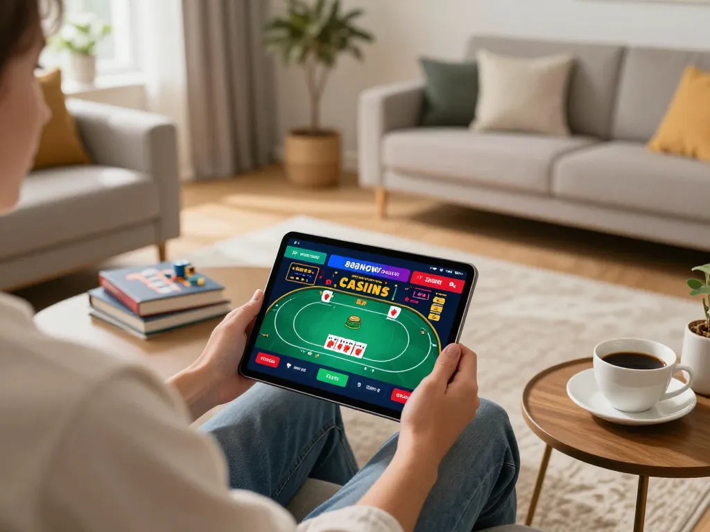 Engaging with 888now casino app in a cozy home setting while enjoying responsible gaming.