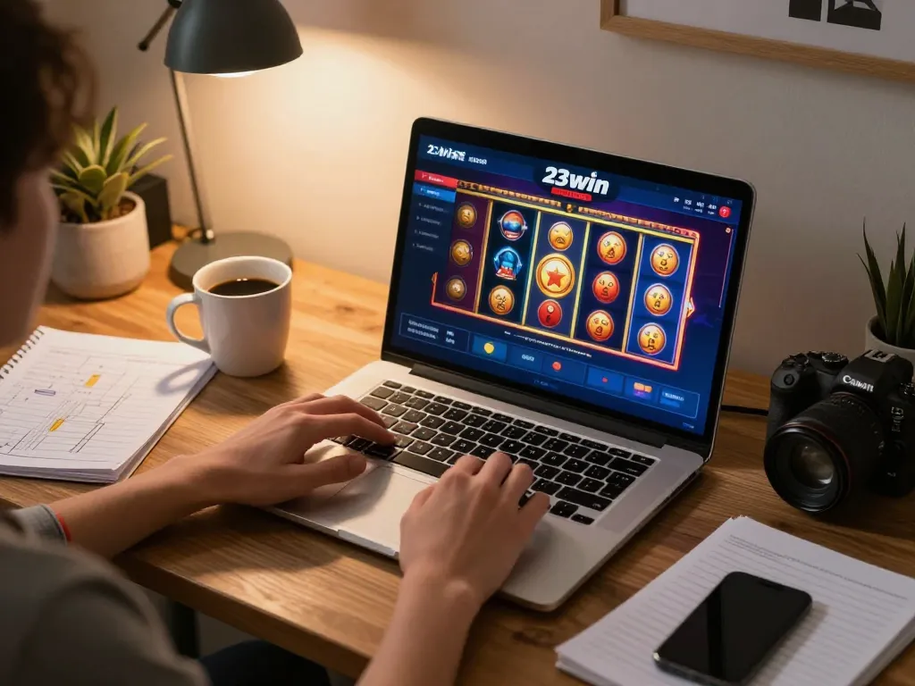 Playing on 23win's online casino platform during a cozy evening gaming session at home.
