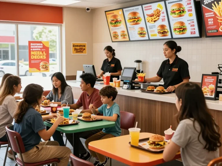 Dynamic fast food restaurant scene showcasing diverse customers enjoying meals and displaying fast food prices prominently.