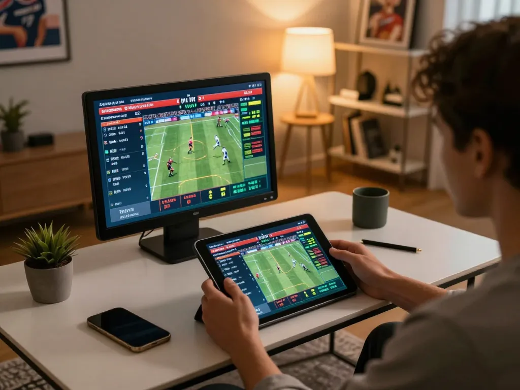 vin88 sports betting scene with user engaging on tablet, showcasing dynamic odds and match excitement.