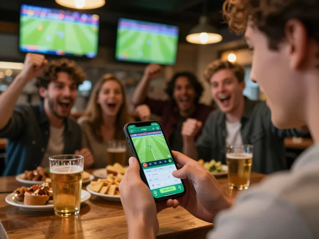 Placing bets quickly with xo88 app on smartphone amid a lively sports bar.