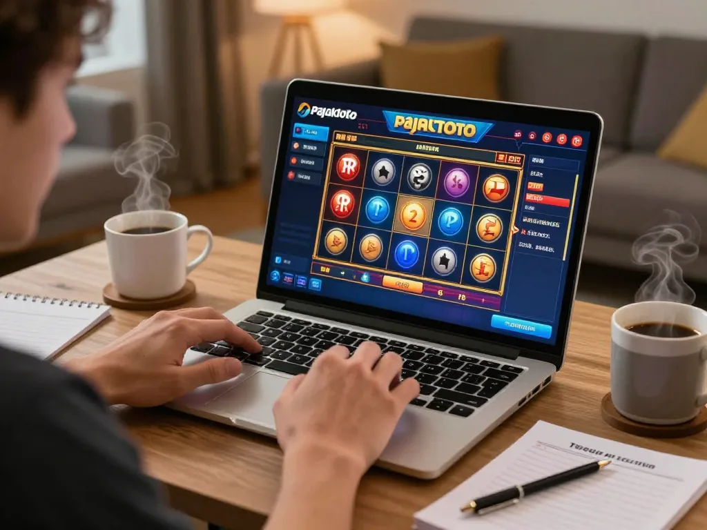 Engaged player using pajaktoto slot interface on a laptop with strategic notes nearby.