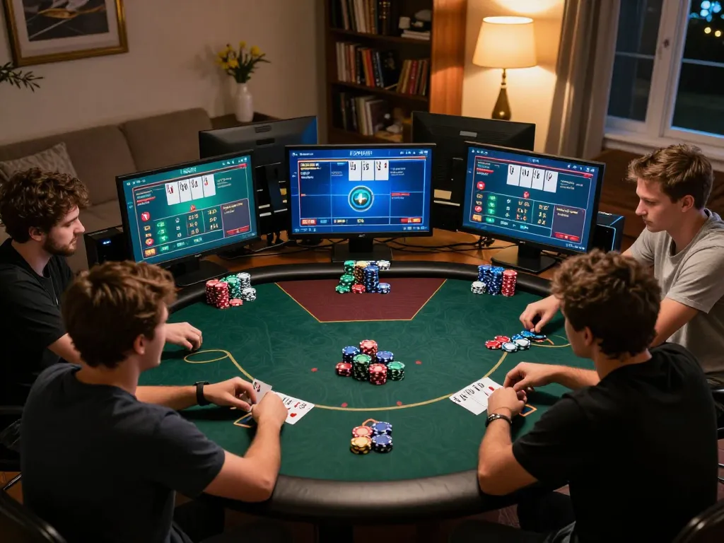Players interacting in a thrilling online poker game at home, highlighting online casinos in Canada.