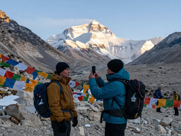 Stunning view of Everest Base Camp Heli Trek during sunrise with travelers capturing the moment.