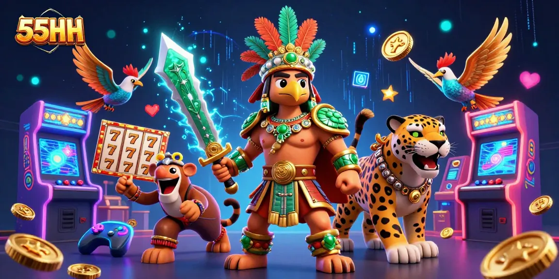 Engage with thrilling gaming action at 55HH, featuring captivating Aztec warriors and exciting jackpot slot reels.