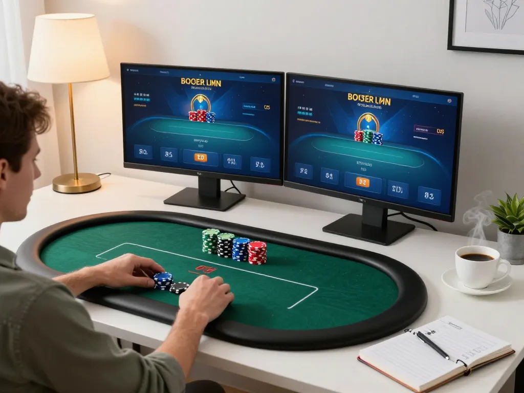 Engaged player at home playing Poker Uang Asli Dominobet on dual monitors, showcasing strategic gameplay and comfort