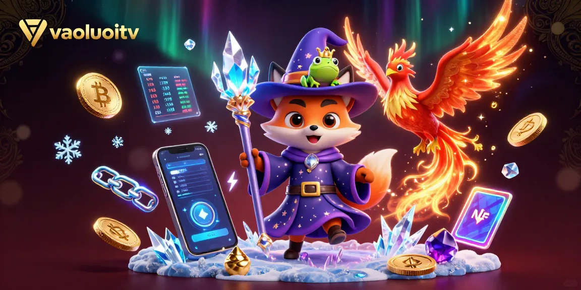 Engage with vaoluoitv’s vibrant fantasy scene showing a wizard fox and phoenix among glowing crypto elements.