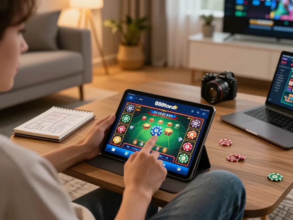 Engaging with 888top com's casino app in a cozy home setting, showcasing dynamic gameplay and strategic planning.