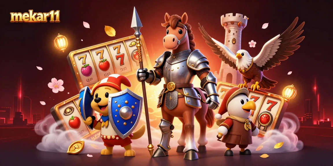 Experience the thrill of mekar11 with vibrant slot reels and a majestic knight in a rich casino scene.