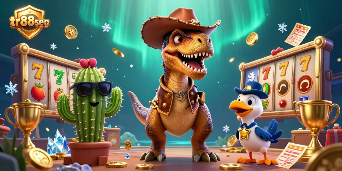 Experience the excitement of tr88seo with a dynamic 3D illustration of casino-themed characters and elements.