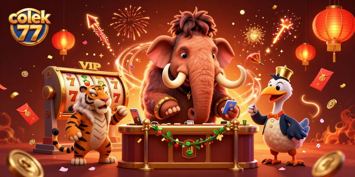 Spin lucky slot reels and feel the excitement at colek 77 in this vibrant 3D casino scene.