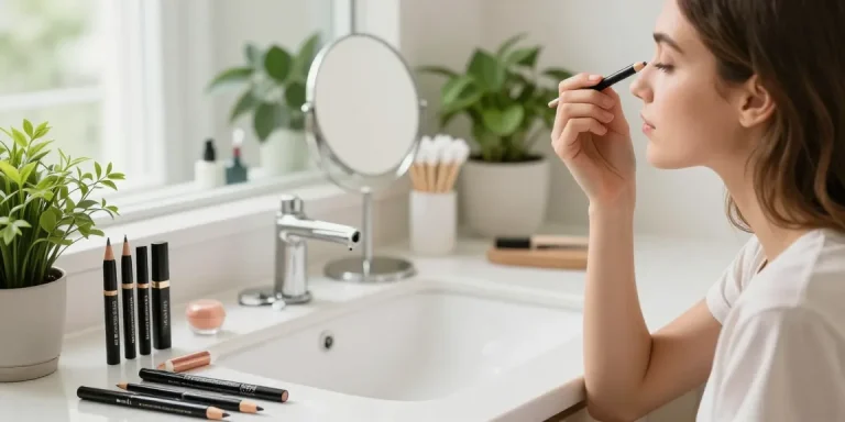 Woman applying makeup with a cosmetic pencil sharpener among beauty tools in a bright bathroom.