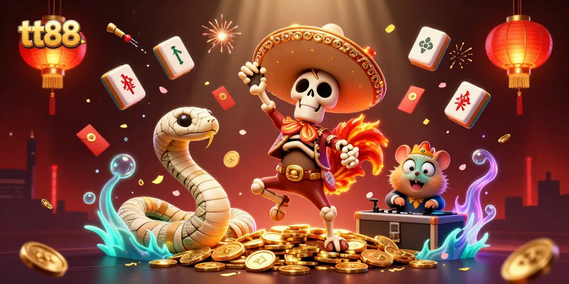 Experience the excitement of tt88 with vibrant casino characters dancing around golden coins and game elements.
