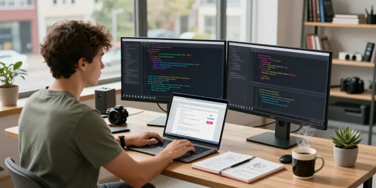 Developer working on React Redux projects for beginners in a modern workspace.