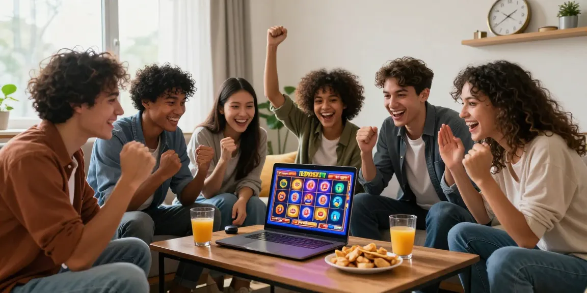 Friends celebrating a slot deposit 1k win while gaming online in a cozy living room.