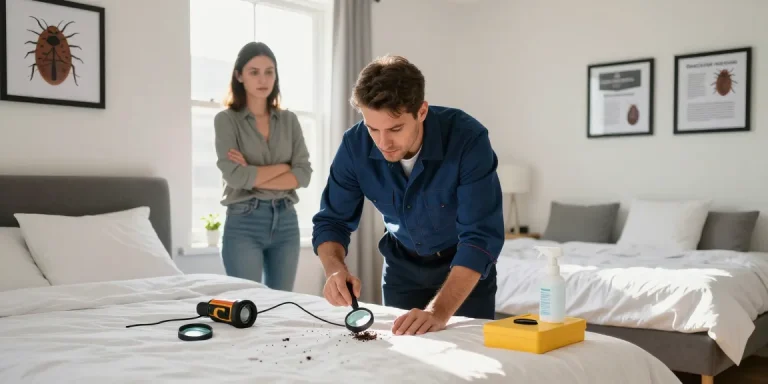 Professional technician inspecting for bed bugs, showcasing effective bed bug pest control techniques in urban bedroom setting.