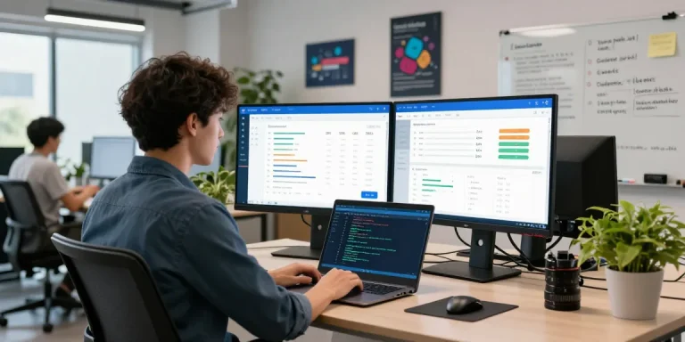 Data scientist utilizing an age verification system in a modern office environment, showcasing real-time metrics and compliance.