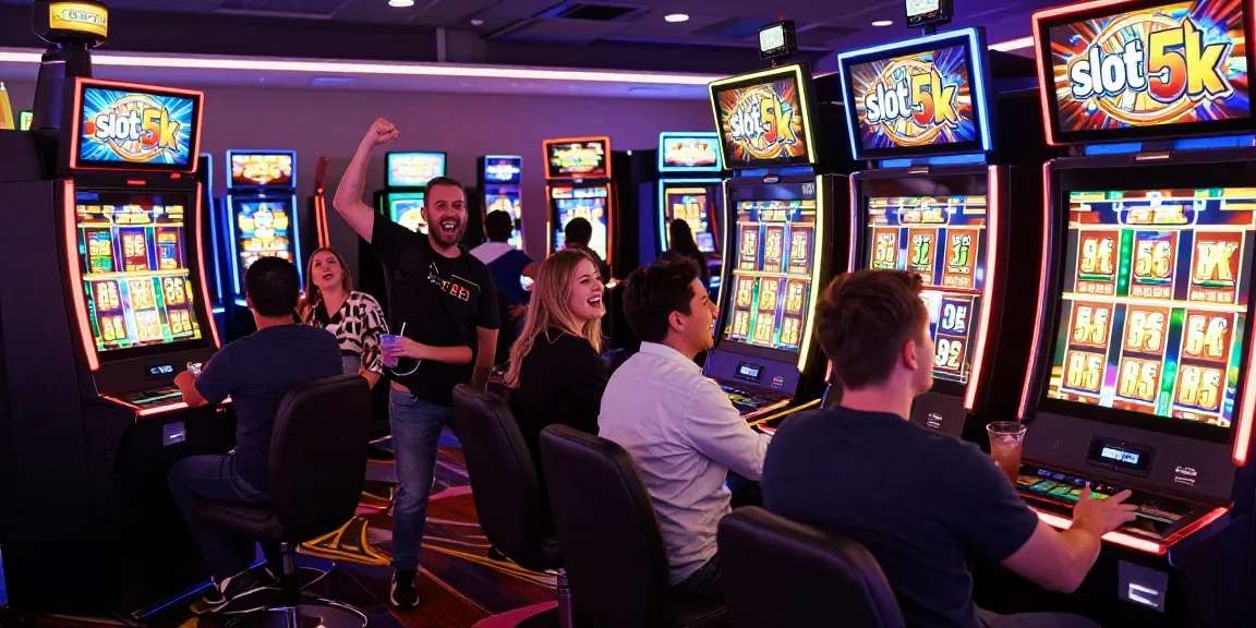 Players celebrating a win on a slot 5k machine in a vibrant casino.