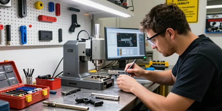 Precision Glock slides enhancement process at https://precisionglockslides.com with expert gunsmith showcasing meticulous craftsmanship.